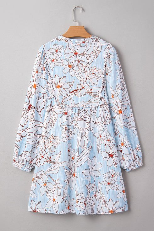 Pinstripe Floral Outline Ruffled Split Neck Long Sleeve Mini Dress